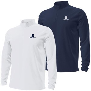 white and navy Under Armour motion 1/4 zips with S above Penn State on left chests